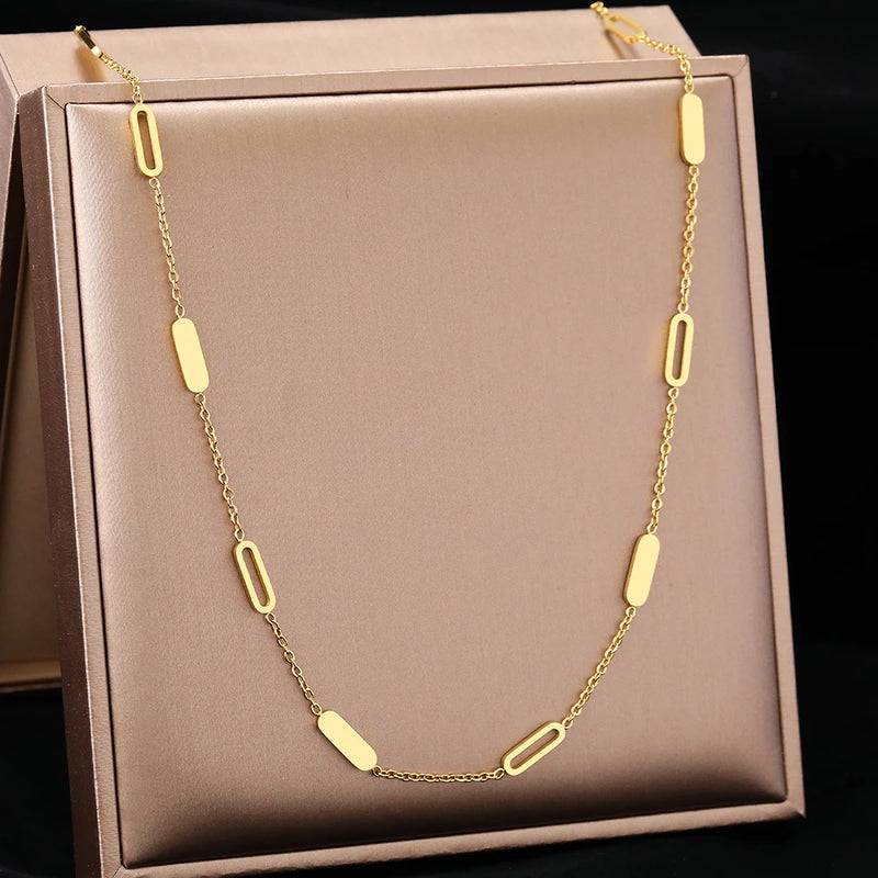 Stainless Steel Geometric Round Rectangle Choker Chain Necklace