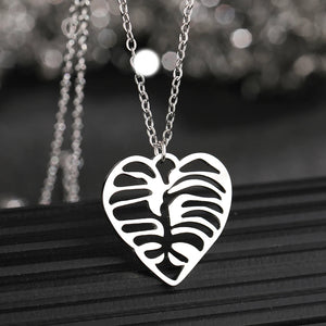 Stainless Steel Skeleton Leaf Vein Heart Pendant Choker Chain Boho Necklace