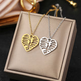 Stainless Steel Skeleton Leaf Vein Heart Pendant Choker Chain Boho Necklace