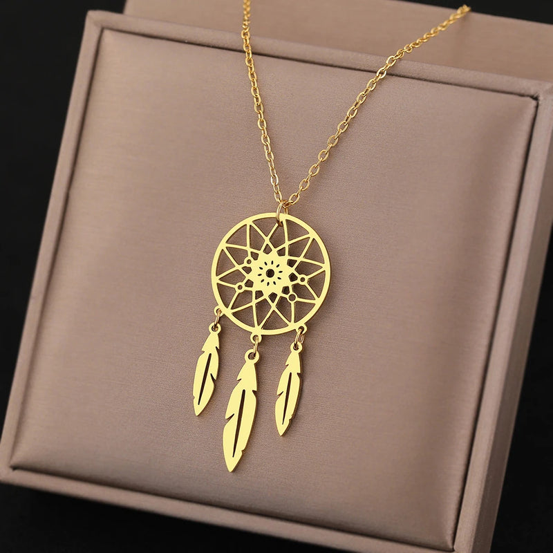 Vintage Geometric Circle Feather Dream Catcher Pendant Necklace