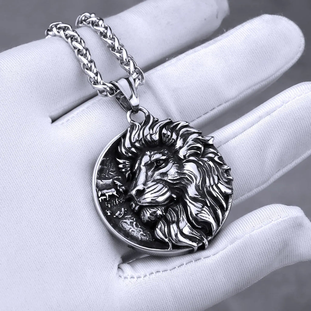 Stainless Steel Vikings Lion Necklace Men Punk Biker Pendant Chain Jewelry