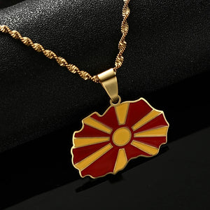 North Macedonia Map Flag Pendant Necklace Enamel Chain Jewelry