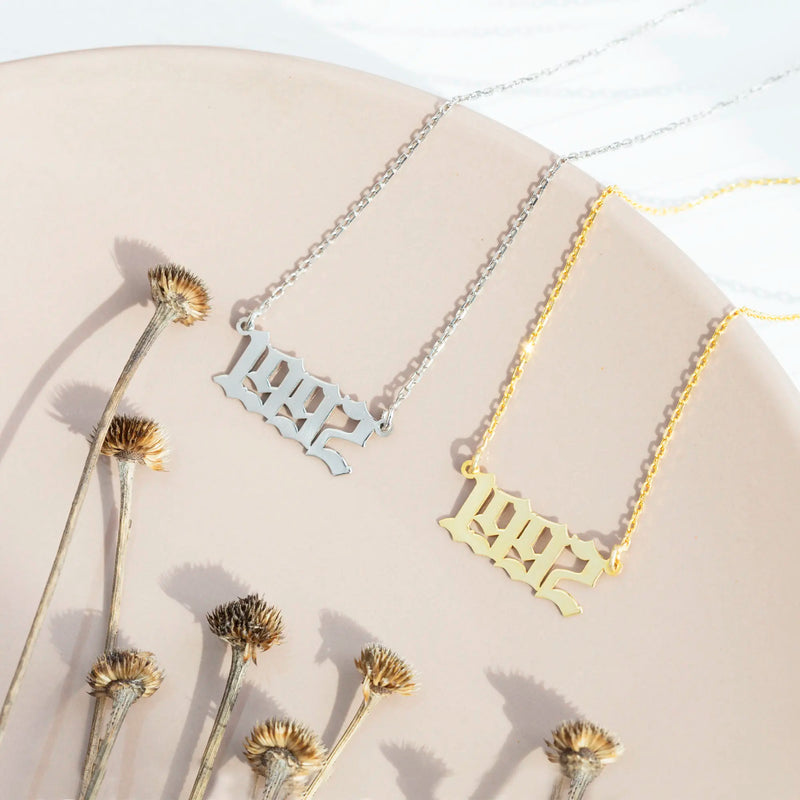 Old English Birth Year Necklace, Number Pendant, Christmas Jewelry