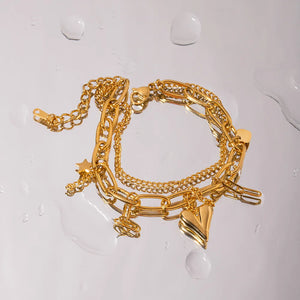 Heart Charm Bracelet Stainless Steel PVD 18K Plated Tarnish Layered Chain