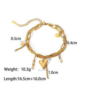 Heart Charm Bracelet Stainless Steel PVD 18K Plated Tarnish Layered Chain