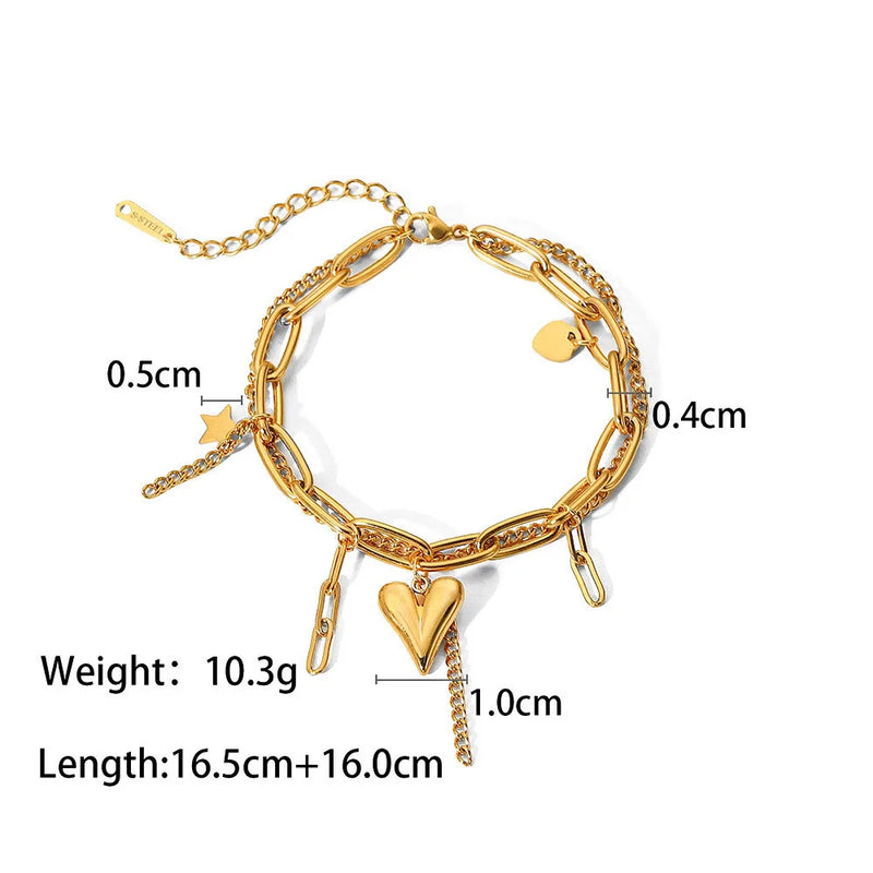 Heart Charm Bracelet Stainless Steel PVD 18K Plated Tarnish Layered Chain