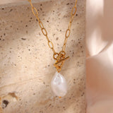 Stainless Steel Paper Clip Chain Pearl Necklace