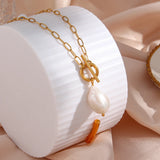 Stainless Steel Paper Clip Chain Pearl Necklace