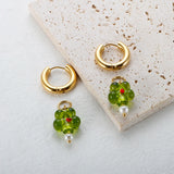 Stainless Steel Green Flower Pearl Drop Earrings