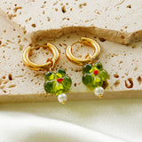 Stainless Steel Green Flower Pearl Drop Earrings