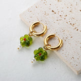 Stainless Steel Green Flower Pearl Drop Earrings
