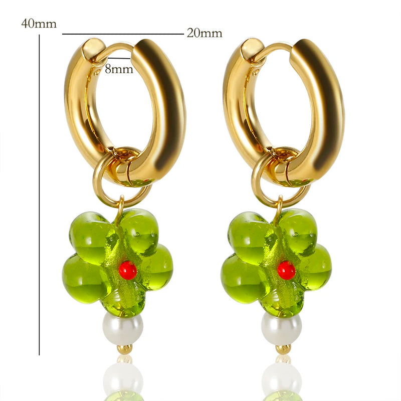 Stainless Steel Green Flower Pearl Drop Earrings