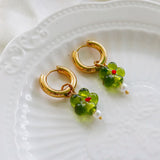 Stainless Steel Green Flower Pearl Drop Earrings