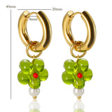 Stainless Steel Green Flower Pearl Drop Earrings