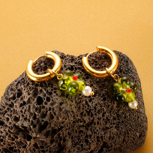 Stainless Steel Green Flower Pearl Drop Earrings