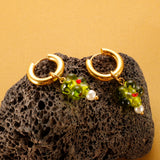 Stainless Steel Green Flower Pearl Drop Earrings