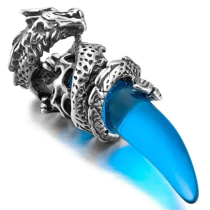 Stainless Steel Pendant Necklace Crystal Silver Dragon Wolf Tooth Man