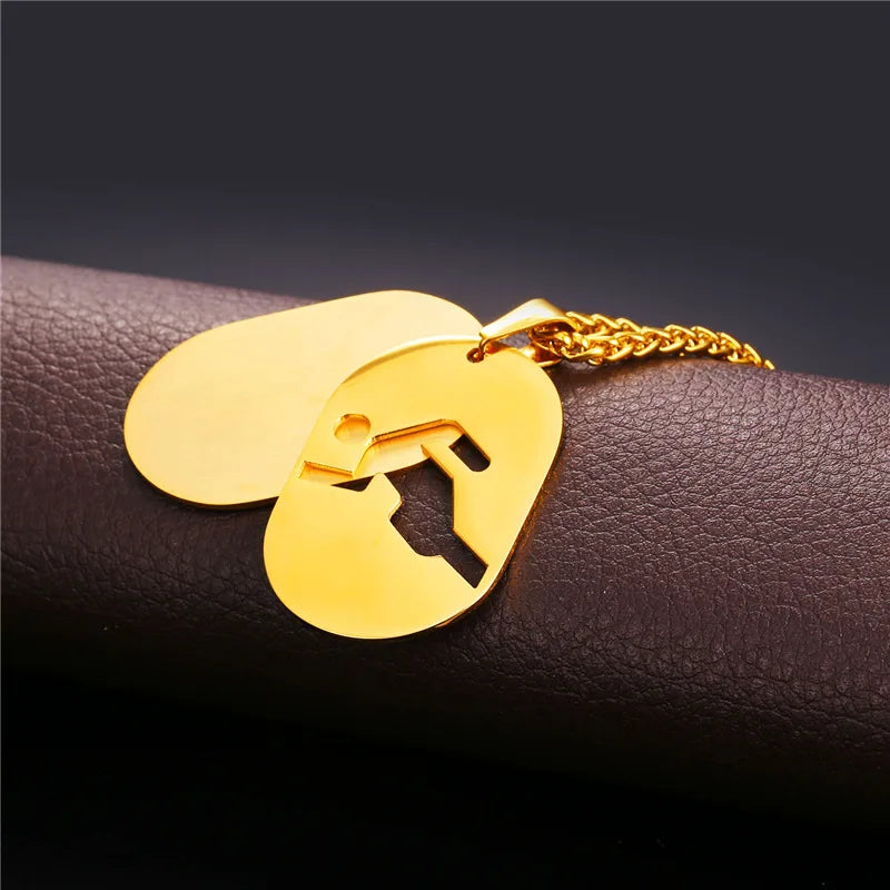Stainless Steel Running Men Dog Tag Pendant Necklace Gym Fitness Sport