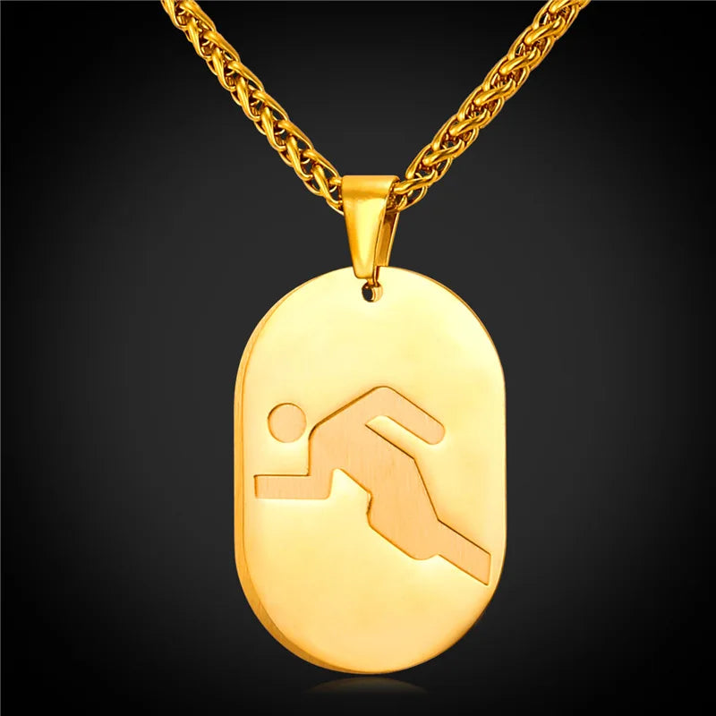 Stainless Steel Running Men Dog Tag Pendant Necklace Gym Fitness Sport