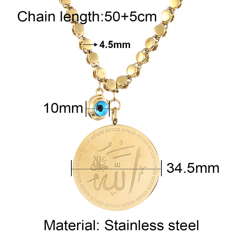 Stainless Steel Pendant Necklace for Woman Muslim Demon Eye Coin Necklace