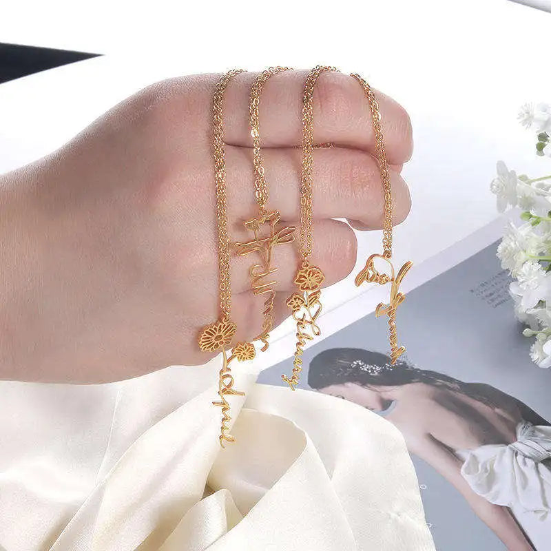 Personalised Birth Month Flower Pendant Necklace 18K Plated Gift