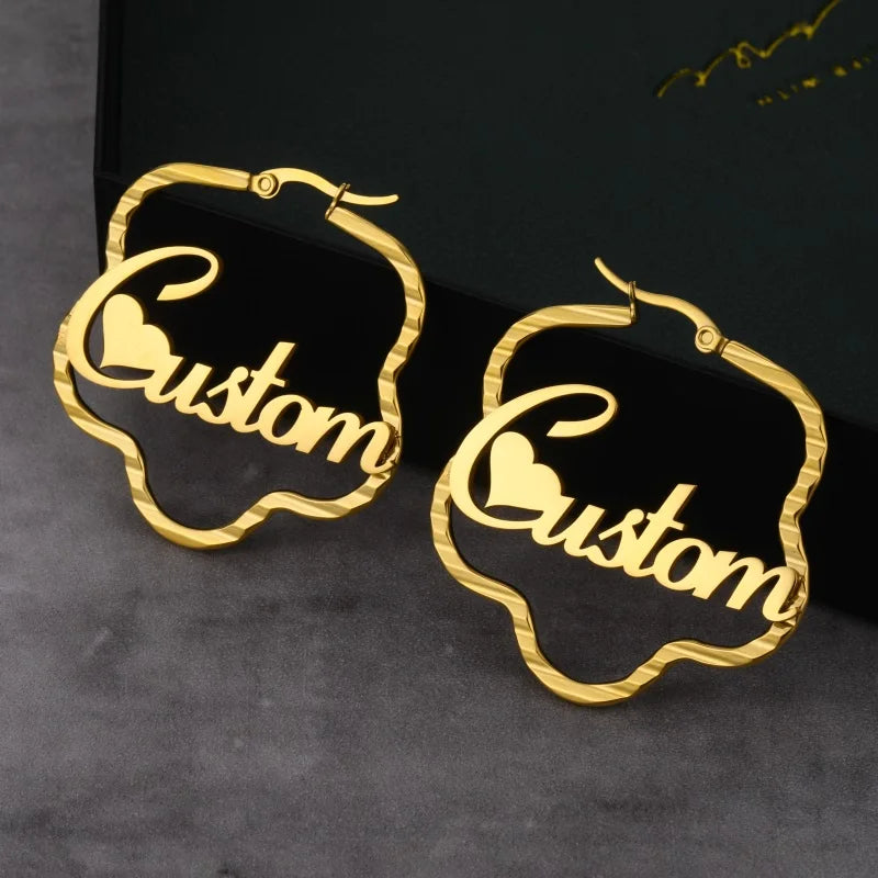 Custom Flower Pattern Name Hoop Earrings for Women Circle Jewelry
