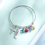 Personalized Engrave Name Bar Cuff Bangle with Birthstone Charm Bracelet