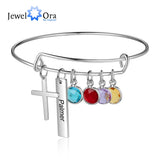 Personalized Engrave Name Bar Cuff Bangle with Birthstone Charm Bracelet