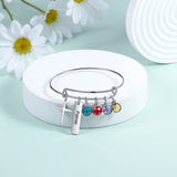 Personalized Engrave Name Bar Cuff Bangle with Birthstone Charm Bracelet