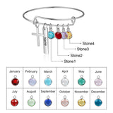 Personalized Engrave Name Bar Cuff Bangle with Birthstone Charm Bracelet