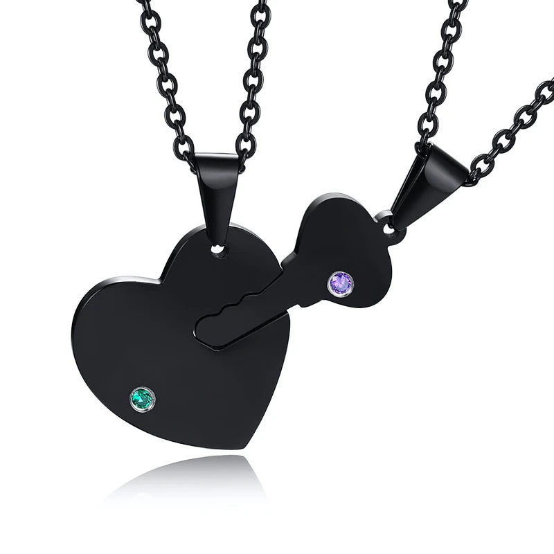 Personalized Stainless Steel Key Heart Puzzle Necklace Set with Birthstones