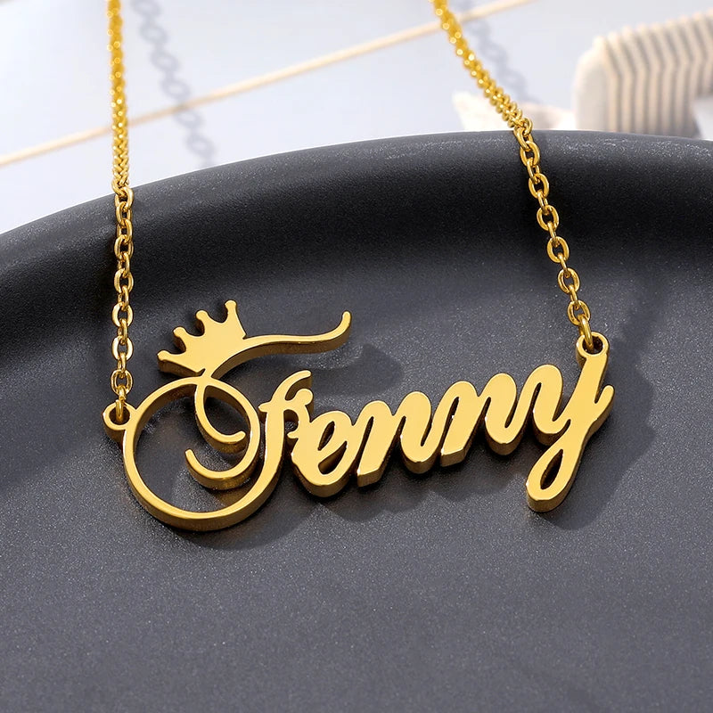 Custom Name Crown Necklace Cursive Font Choker Women