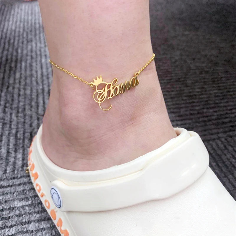 Custom Nameplate Crown Anklet Foot Jewelry Name Bracelet 13+10CM