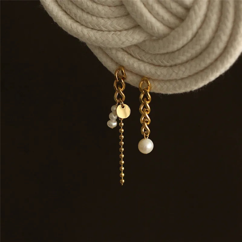18K Stainless Steel Plated Asymmetric Pearl Tassel Stud Earrings