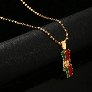 Stainless Steel Portugal Map Flag Pendant Necklace Chain Enamel Jewelry