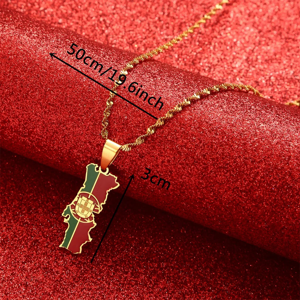 Stainless Steel Portugal Map Flag Pendant Necklace Chain Enamel Jewelry