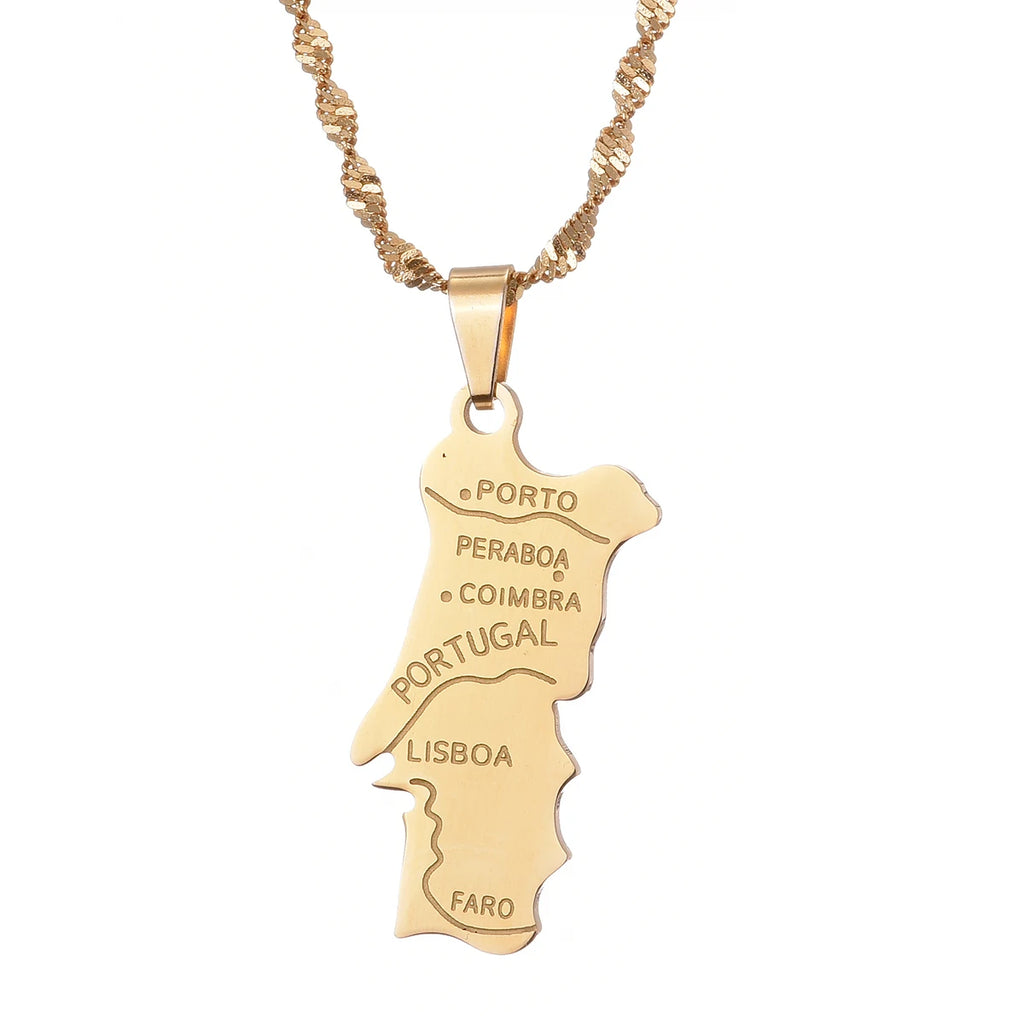 Stainless Steel Portugal Map Flag Pendant Necklace Women