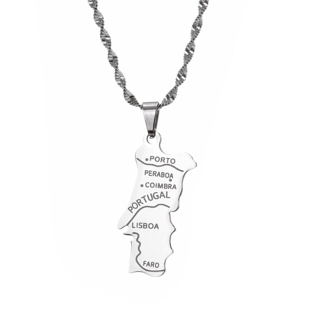Stainless Steel Portugal Map Flag Pendant Necklace Women