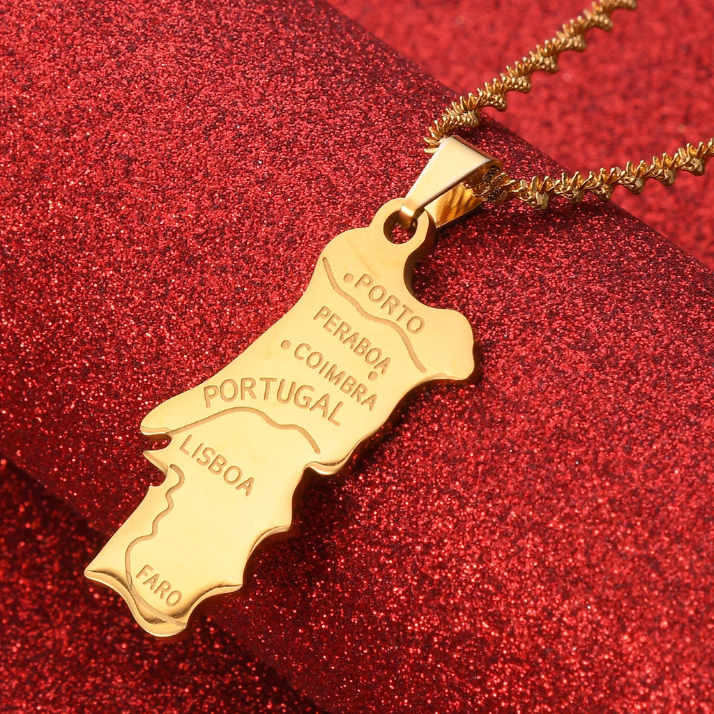 Stainless Steel Portugal Map Flag Pendant Necklace Women