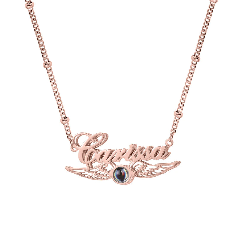Stainless Steel Projection Photo Necklace With Angel Wings