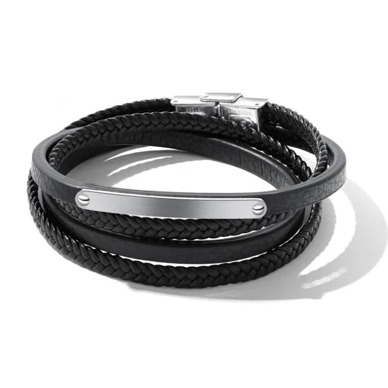 Stainless Steel Multichamber Weave Bracelet Leather Bangle