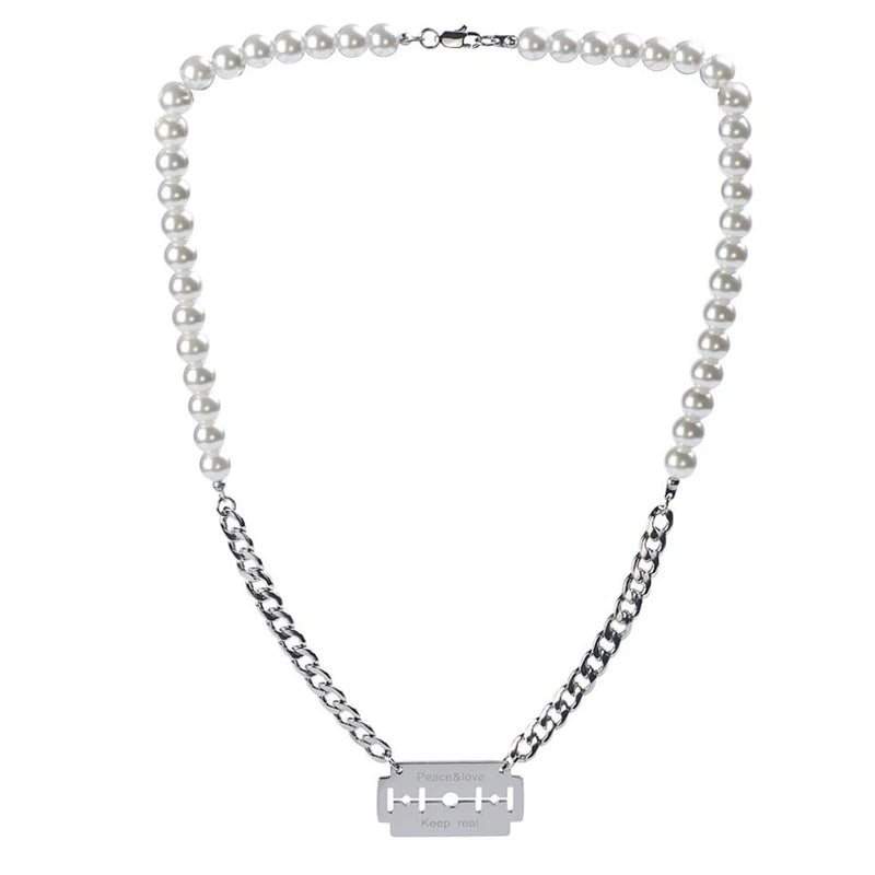 Stainless Steel Razor Pearl Pendant Necklace Choker Women Street Dance Jewelry