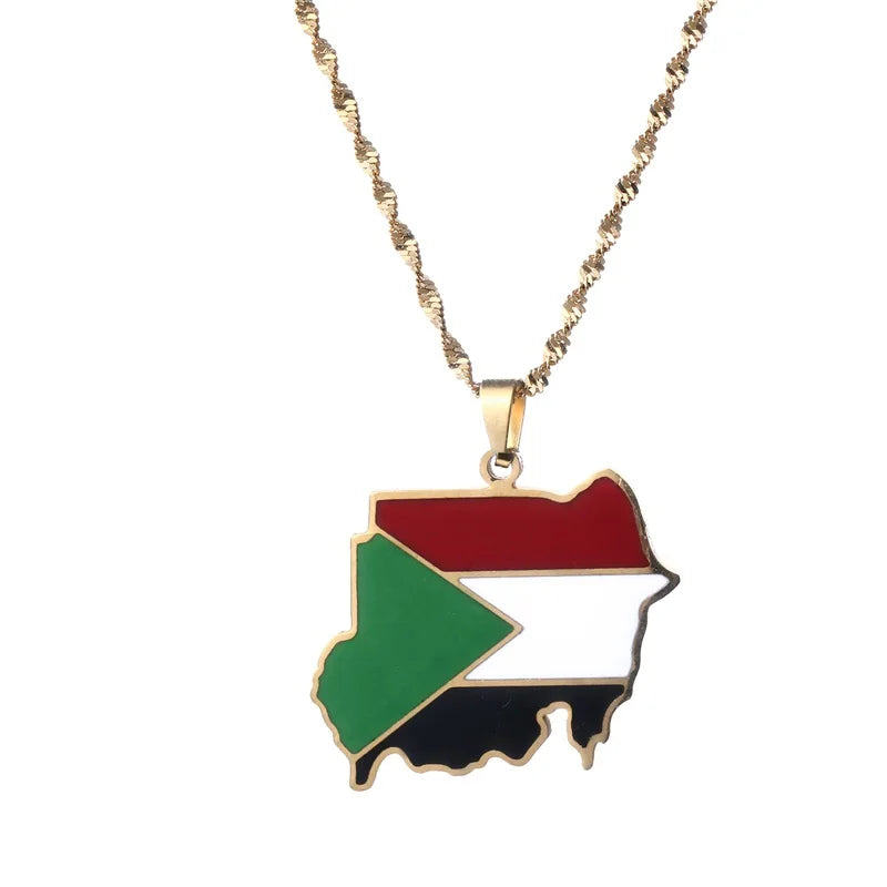Sudan Map Flag Pendant Necklace Stainless Steel Jewelry