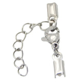 Stainless Steel Ribbon Crimp 2mm 3mm Cord End Caps Lobster Claw Clasp With Chain