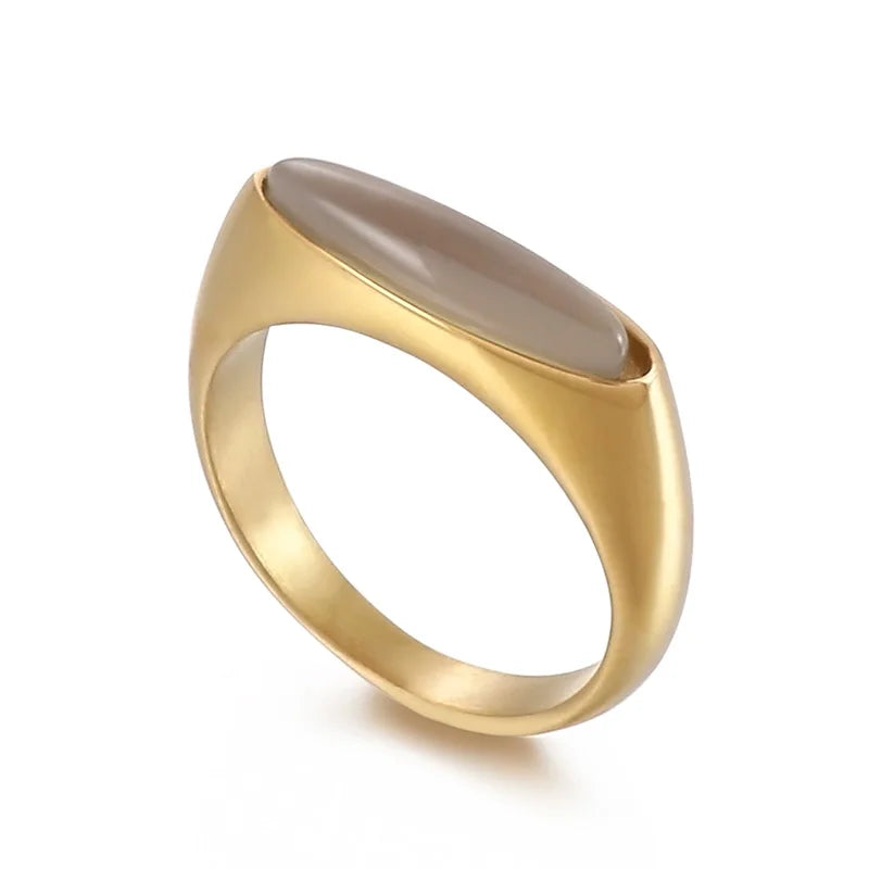 Stainless Steel Oval Agate Stone Women Rings Knuckles Bands