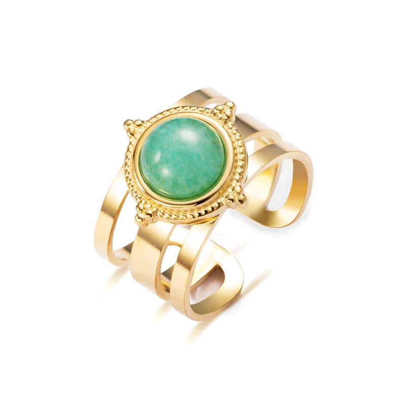 Green Stone Stainless Steel Open Ring Jewelry