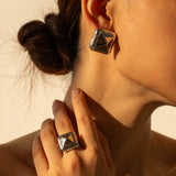 Stainless Steel Rivet Rectangular Ring & Earring Set