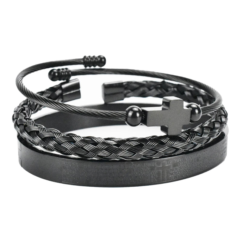 Men's Stainless Steel Roman Numeral Cross Bracelet Set