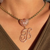 Stainless Steel Rope Chain Cursive Letter Crystal Charm Necklace