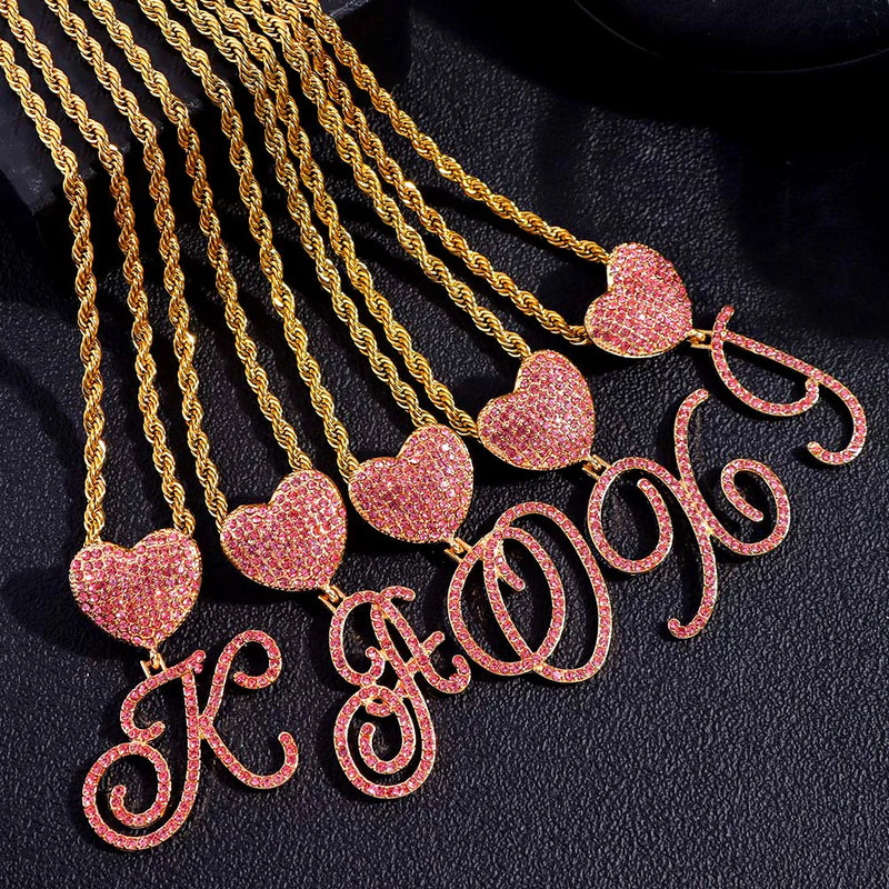Stainless Steel Rope Chain Cursive Letter Crystal Charm Necklace